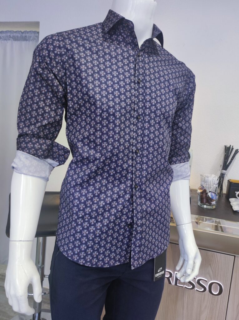 „Polim Pier Herrenhemd in Slimfit, dunkelblau mit kleinem Blumenmuster, hochwertige Baumwolle mit Elastan.“